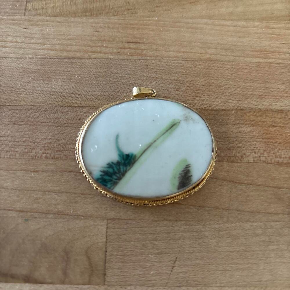 Ceramic Cameo pendant with Green Floral Design on Choker Ribbon Handmade Dainty